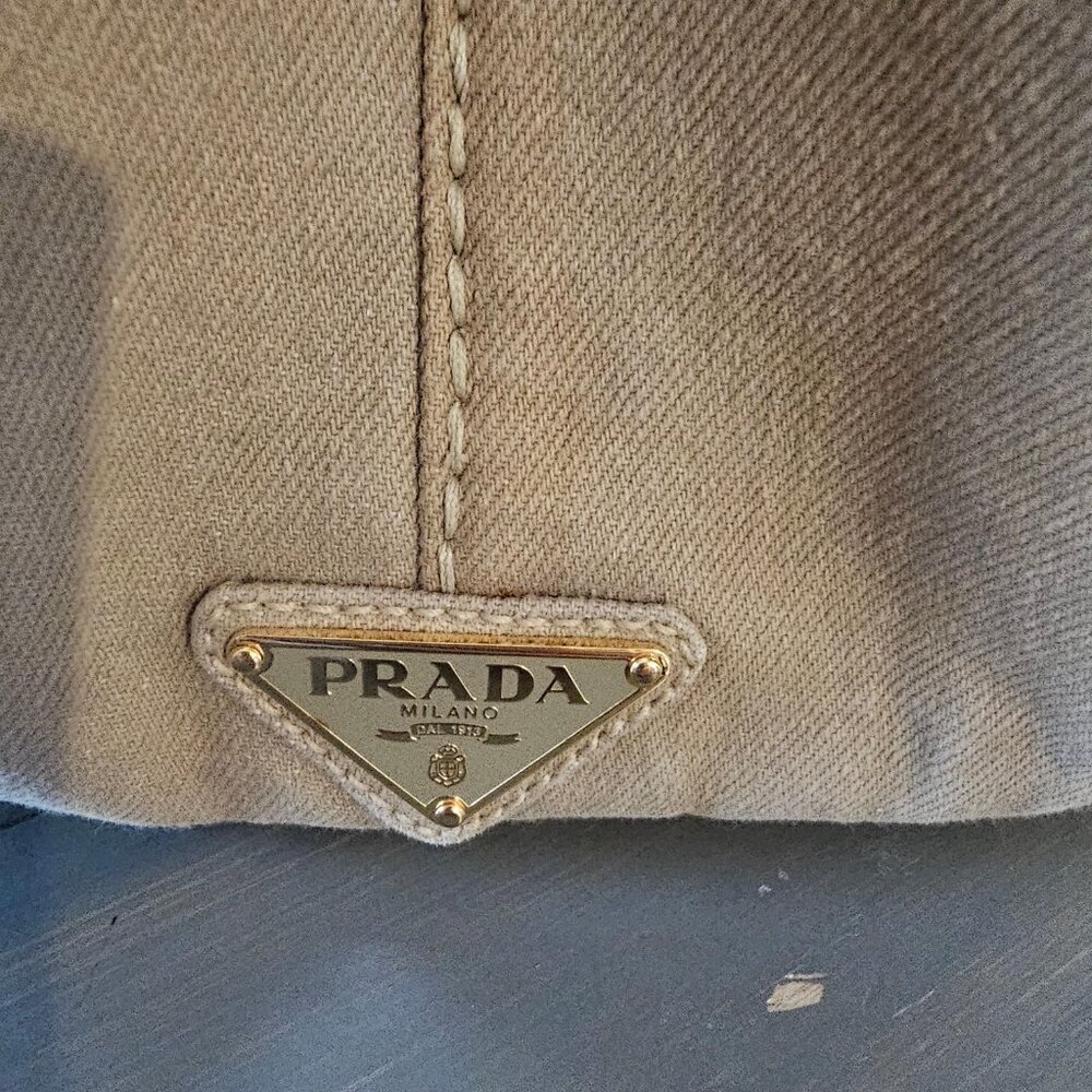 Prada Women's Beige Enameled Metal Triangle Canapa Tote Bag With Twilly - Picture 9 of 16
